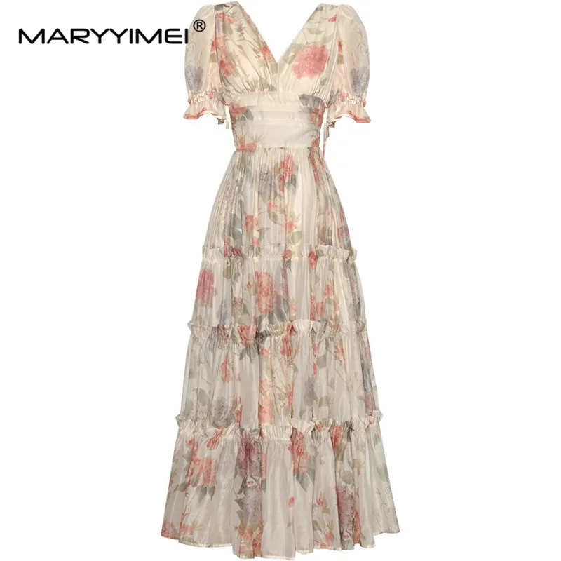 

MARYYIMEI Spring Summer Women's Ball Gown Dress V-Neck Flare Sleeved High Waisted Backless Lace-UP Print Dresses