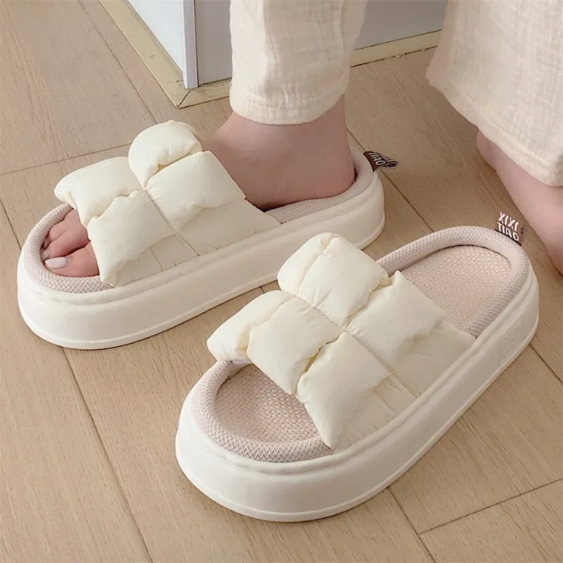 2023 Summer All Seasons Women's Slippers Check 4 Cm Thick Soft Soles Linen Indoor Family Bedroom Couple Floor Slippers