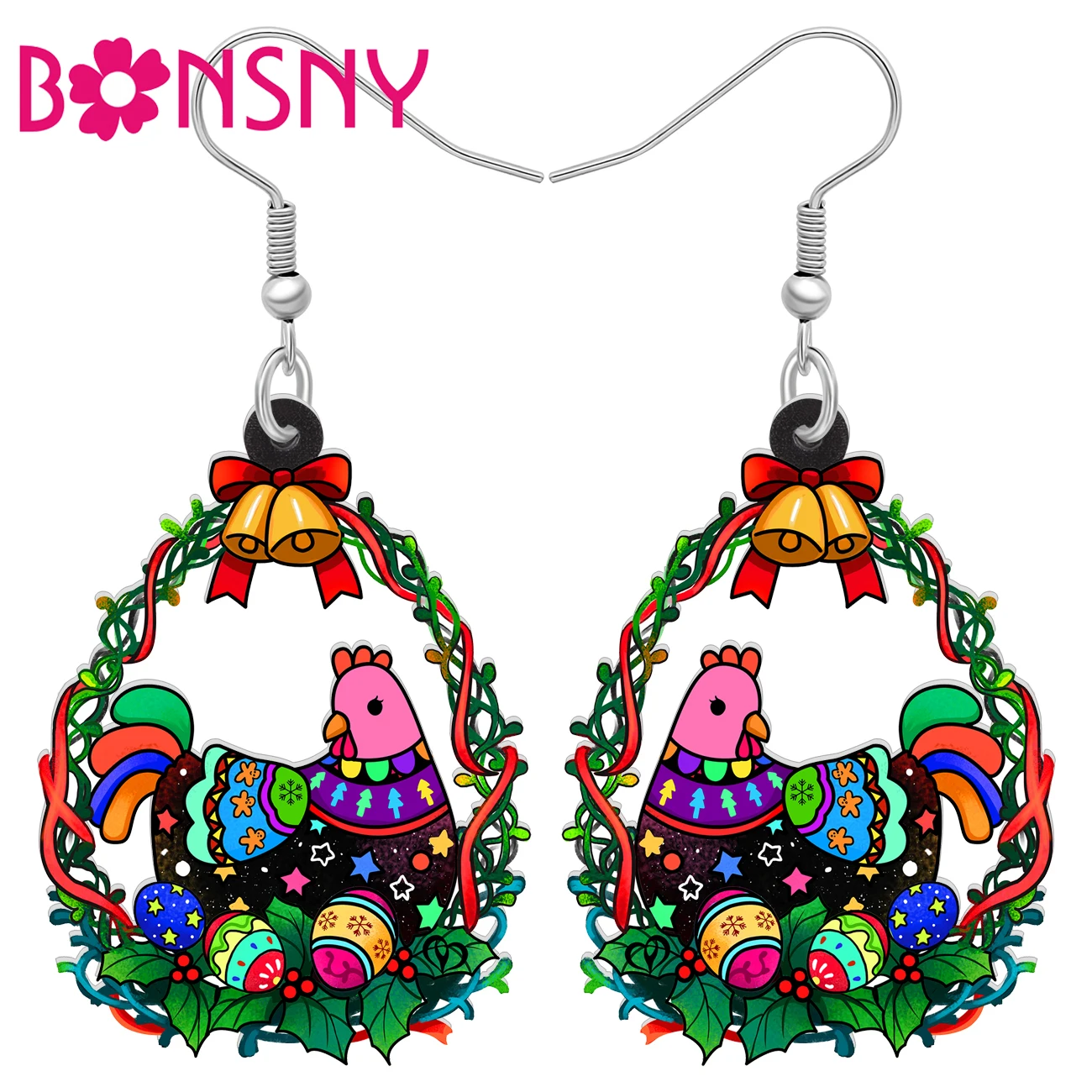 Bonsny Acrylic Christmas Decorations Bells Hens Earrings Dangle Drop Charms Fashion Jewelry Accessories For Girls Women Gifts