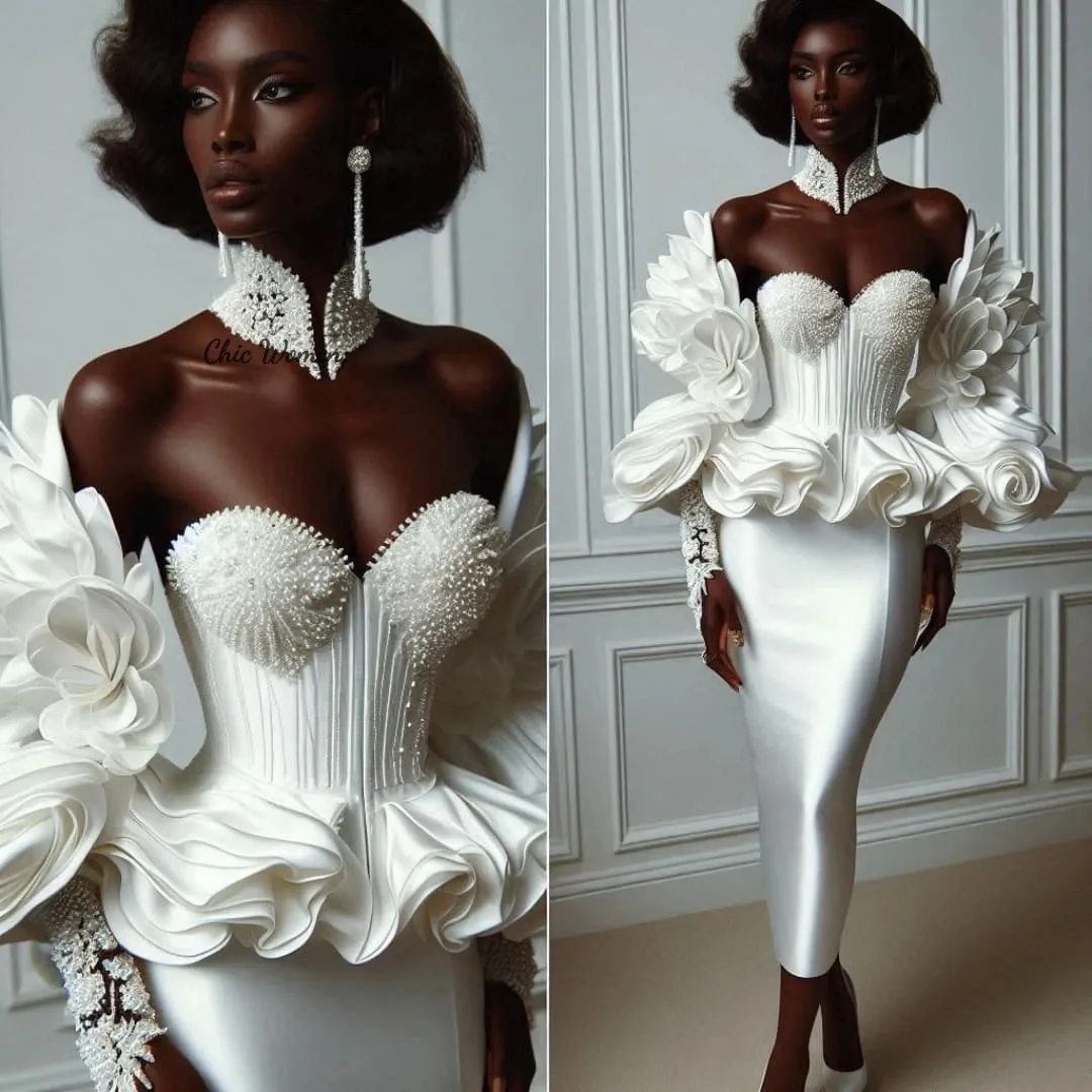 

Gorgeous Aso Ebi Wedding Dress 2025 Sweetheart Beaded Ruffles Bridal Dress Tea Length African Boho Bride Dress Cetic Customized