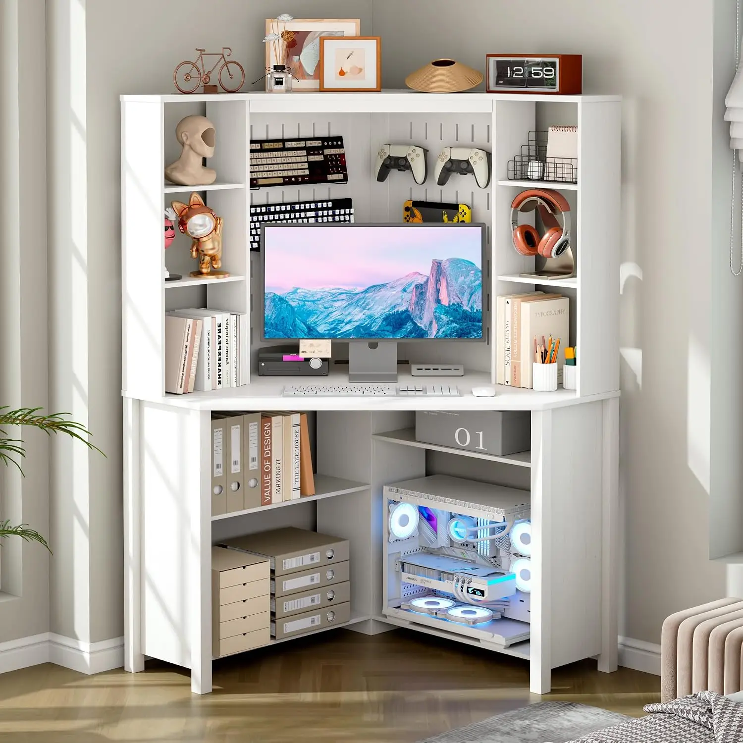 Corner Desk W/ Shelves & LED Light, Triangle Office Desk W/ Charging Station, File Cabinet Storage For Small Space, Customized