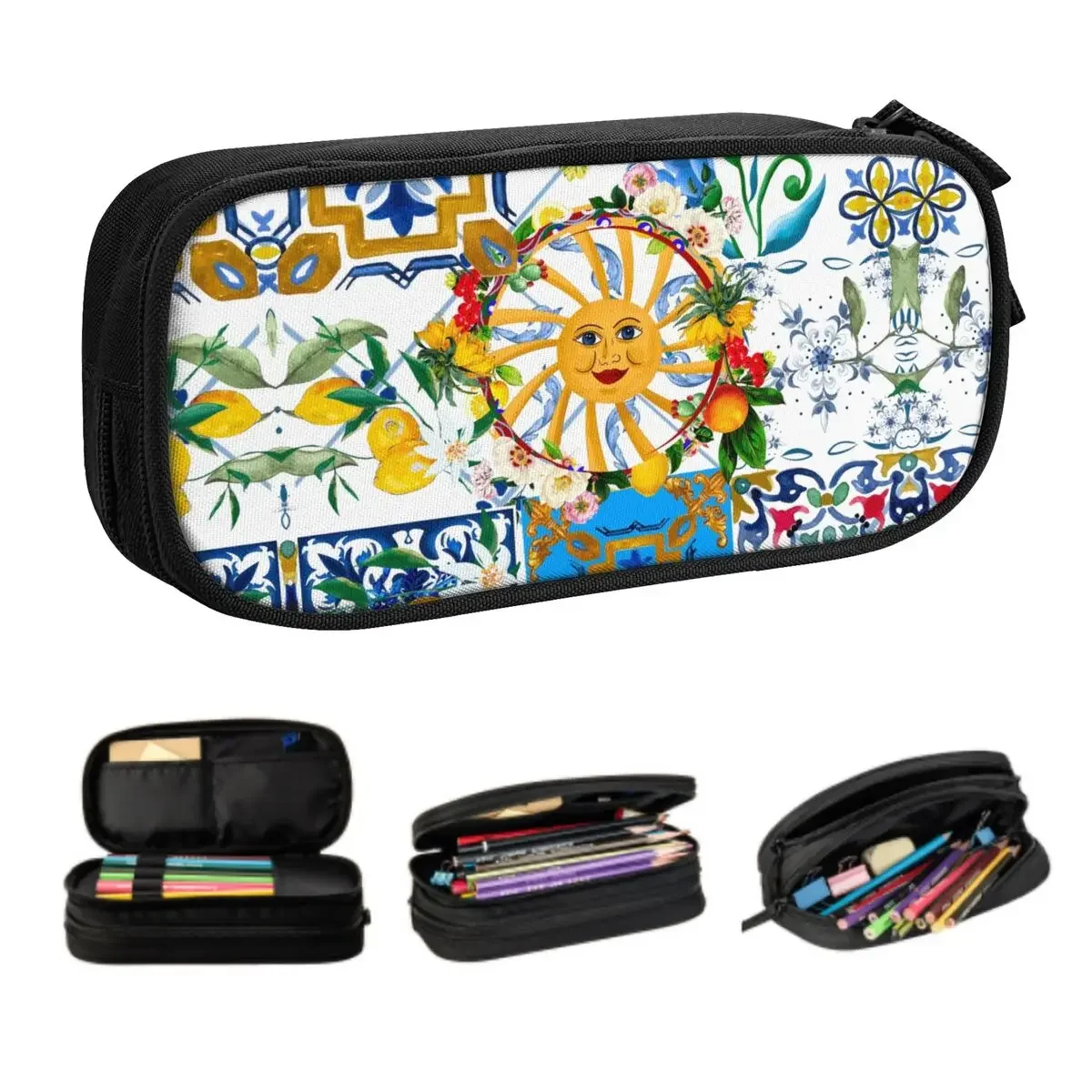 Custom Mediterranean Summer Fruit Lemons Tiles School Pencil Cases Boys Gilrs Large Capacity Pencil Pouch Students Stationery