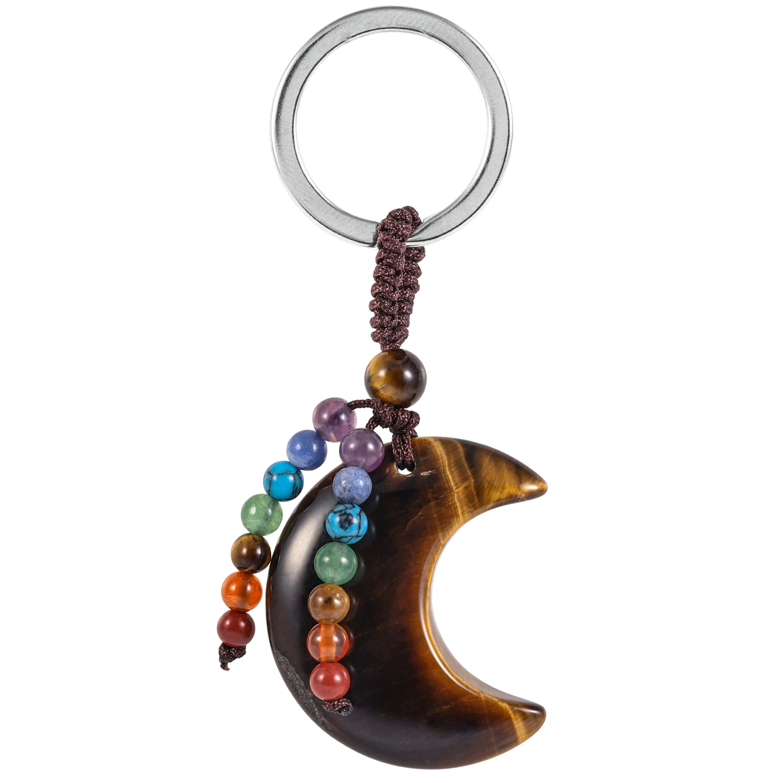 

Natural Tiger's Eye Stone Crescent Moon Shape Keychain Healing Crystal 7 Chakra Beads Keyring Car Key Lanyards