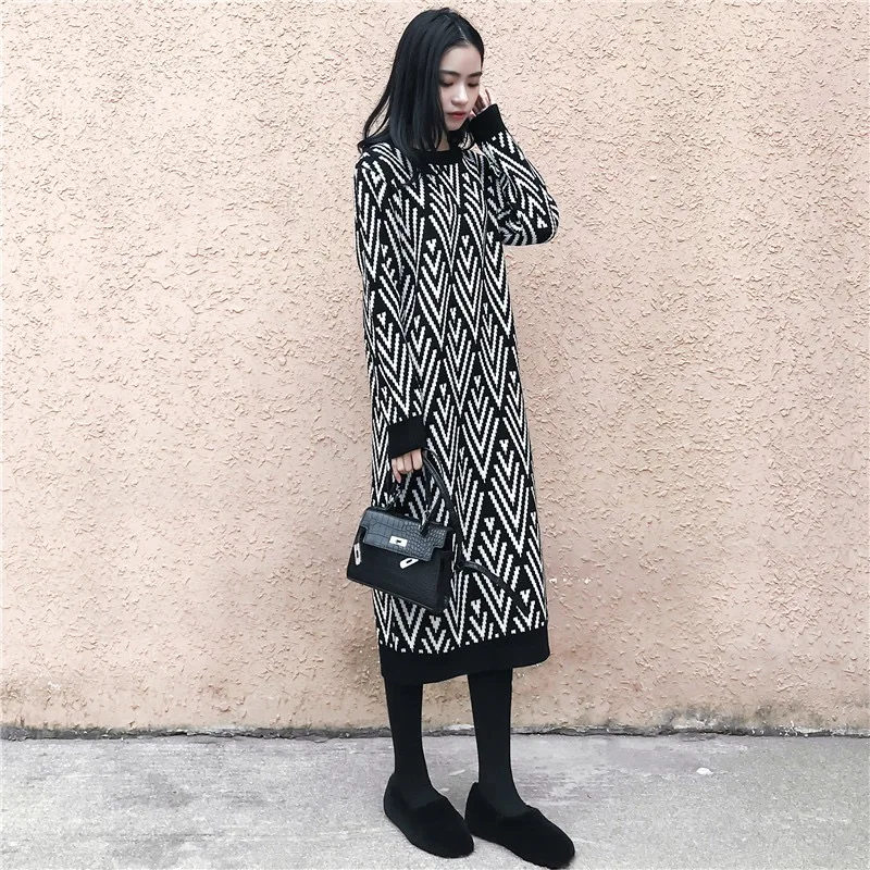 Long Sleeve Geometry Knitted Dress Women's Clothing 2024 Autumn /Winter New Straight Bottom Long Over-the-Knee Sweater Dress