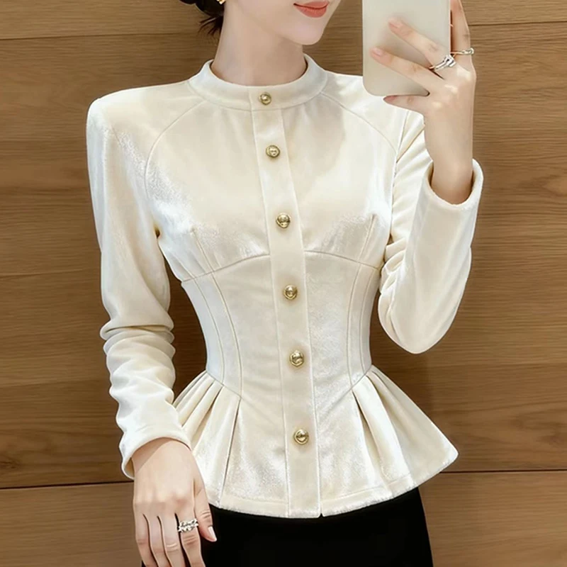 

Elegant Velvet Shirt Long Sleeve Women Blouse Fashion Single-Breasted Buttons Tops Stylish Office Ladies Workwear Blouse Female