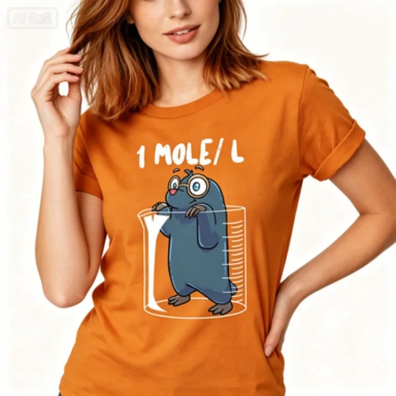 Women Cotton Round‑neck Short‑sleeve T‑Shirt 1 Mole/L Cute Cartoon Mole Beaker Print Science‑lover Casual Female Tops