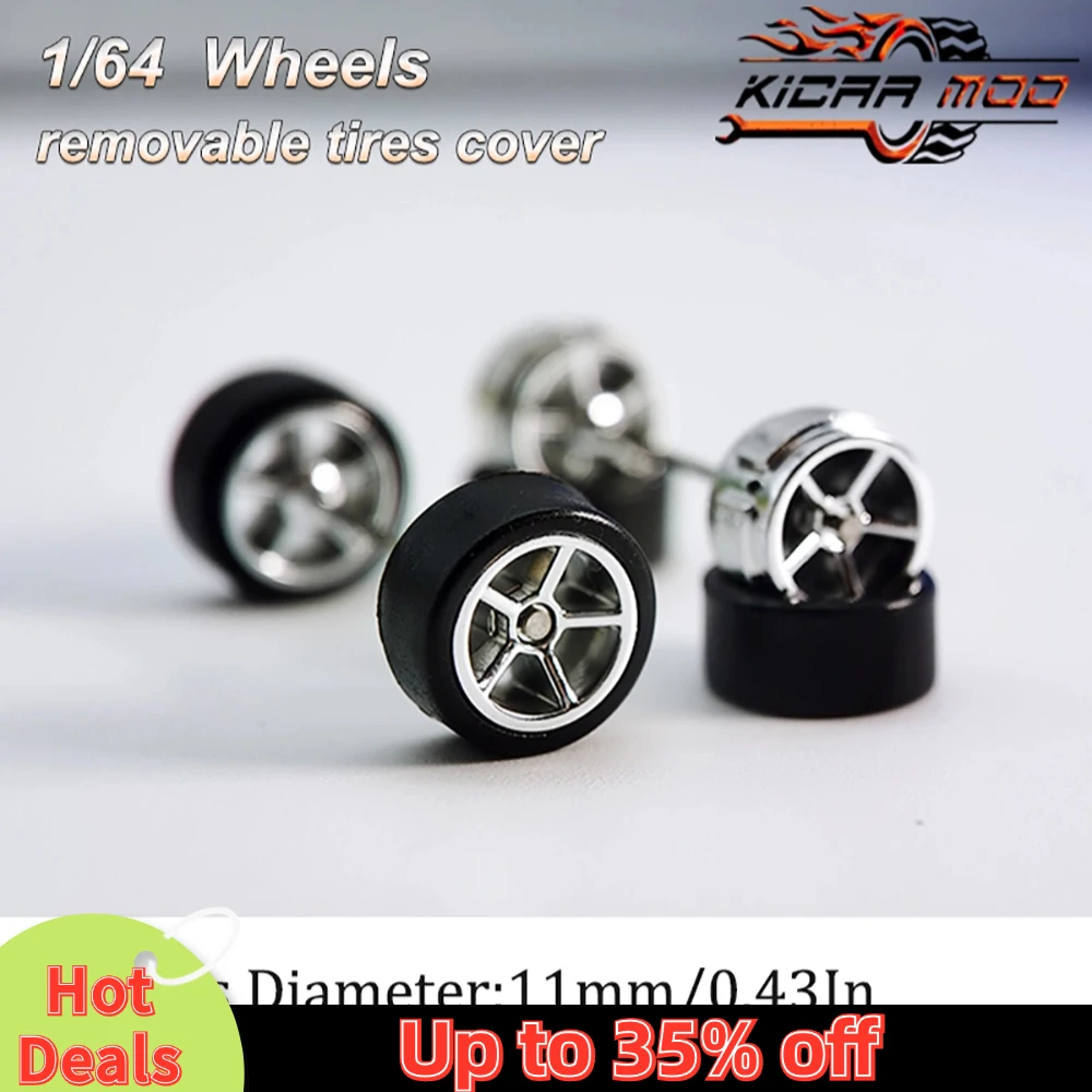 1/64 RLC Premium Wheels with Rubber Slick Tires for Hot Wheels Five Spokes Model Car Refitting Parts D:11mm (1 Set)