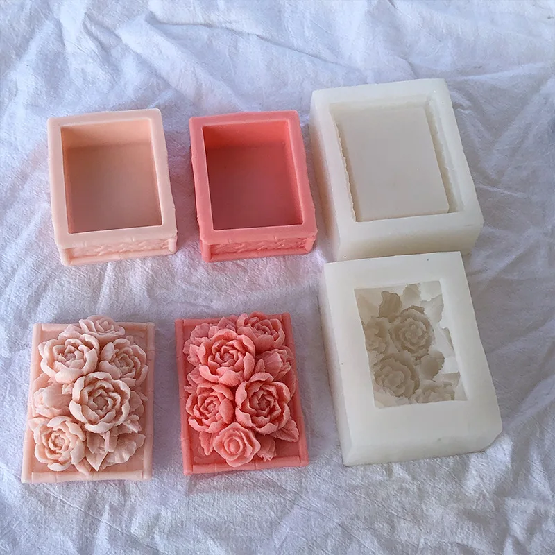 Peony Flowers Pattern Jewelry Box Silicone Molds  Rectangle Plaster Storage Jar Mold Concrete Candle Cup with Lid Making Tools