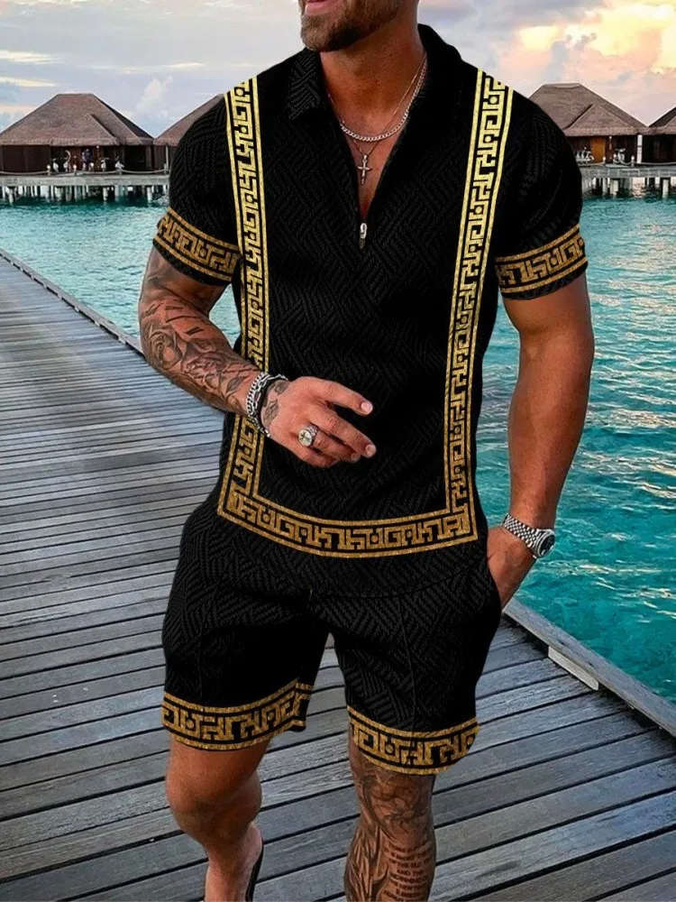 Hochwertige Mode Sommer Luxus Herren lässig Polot T-Shirt Kollektion übergroße Trend gestreifte Druck farbe mit Strand anzug