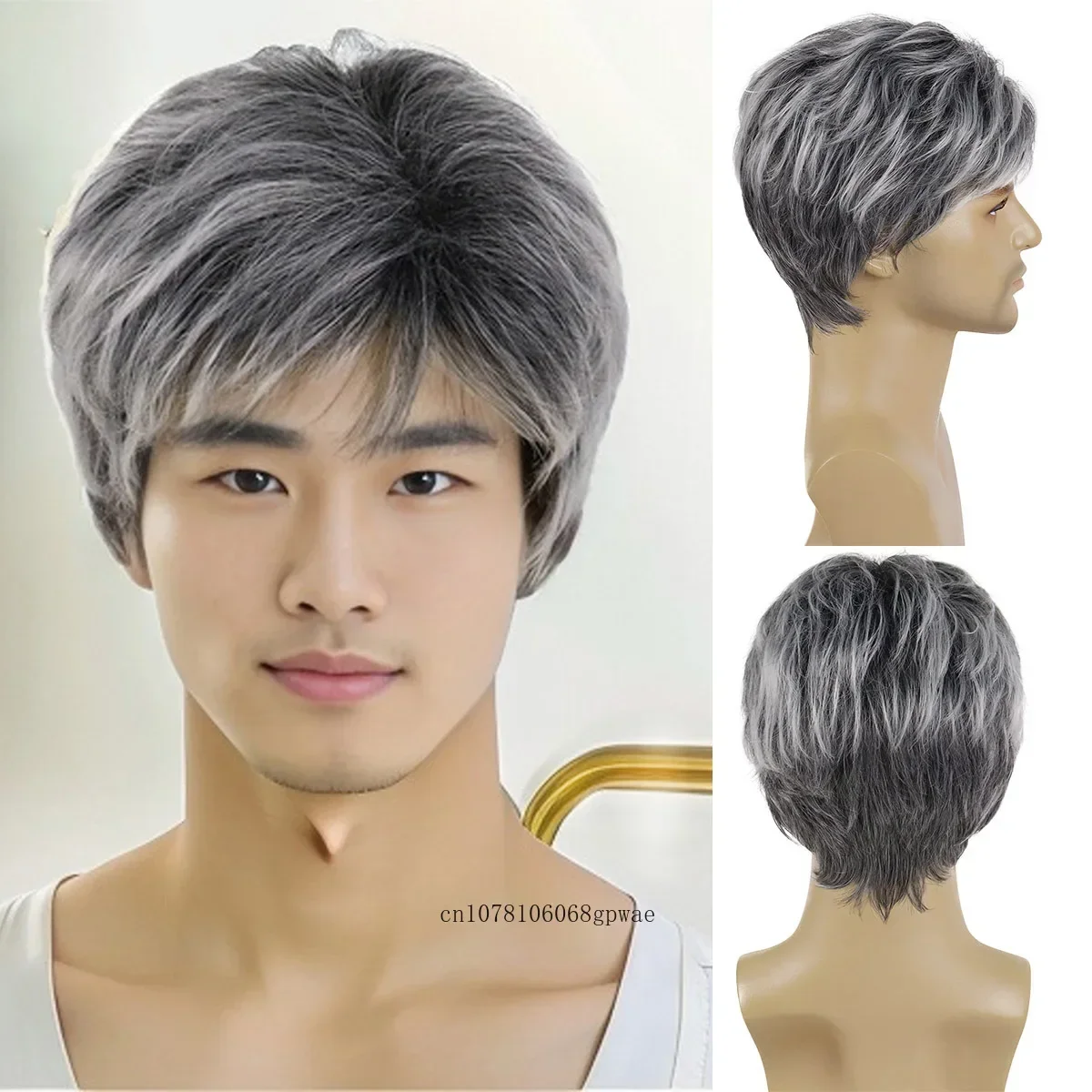 Alte Männer Perücken Synthetische Perücke mit Pony Schwarz Graues Haar Natürlicher Pixie-Schnitt Vater Perücke Ombre Cosplay Kostüm Täglicher