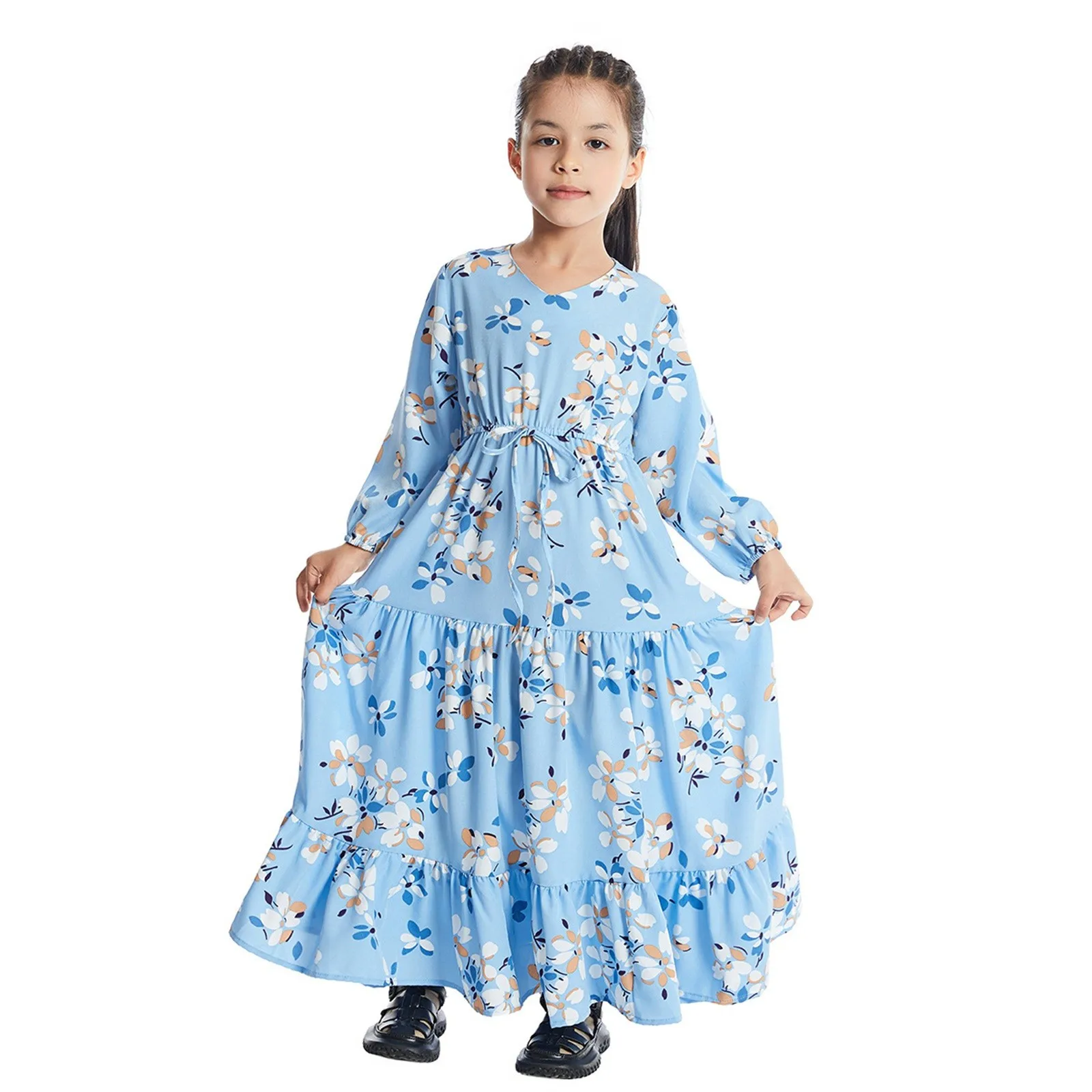 Girls Casual Dresses Kaftan Islamic Children Flowers Bandage Waist Ramadan Morocco Full Sleeve Dubai Arab V Neck Long Dress Robe