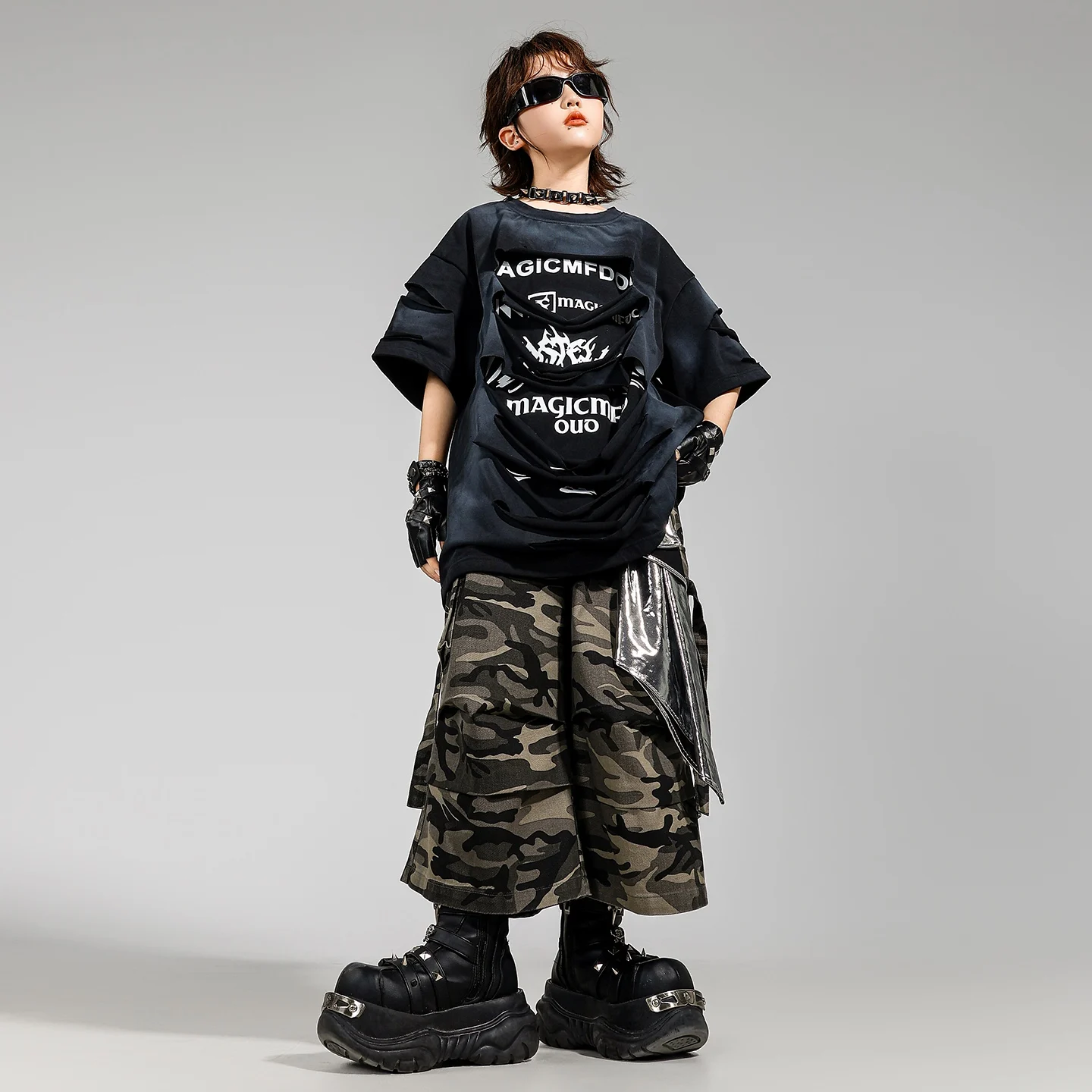 الأطفال ملابس فضفاضة تي شيرت السراويل التمويه Kpop وتتسابق للبنين أزياء رقص الجاز الفتيات الهيب هوب الهذيان الملابس DQS20110