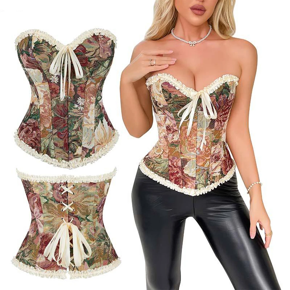 

Женский корсет-бюстье, женский викторианский сексуальный белый, черный, зеленый, винтажный, с цветочным узором, большие размеры, нижнее белье, корсет