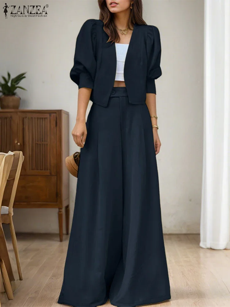 

ZANZEA 2025 Elegant Women 2pcs Pant Sets Long Sleeve Cardigan Suit and High Waist Wide Leg Pants Fashion Solid Two-piece Outfits