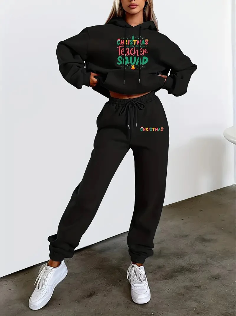 

Cheap Christmas fun 2 piece set with letter print, women's comfortable hooded sweatshirt with casual pantsuit women's tracksuit