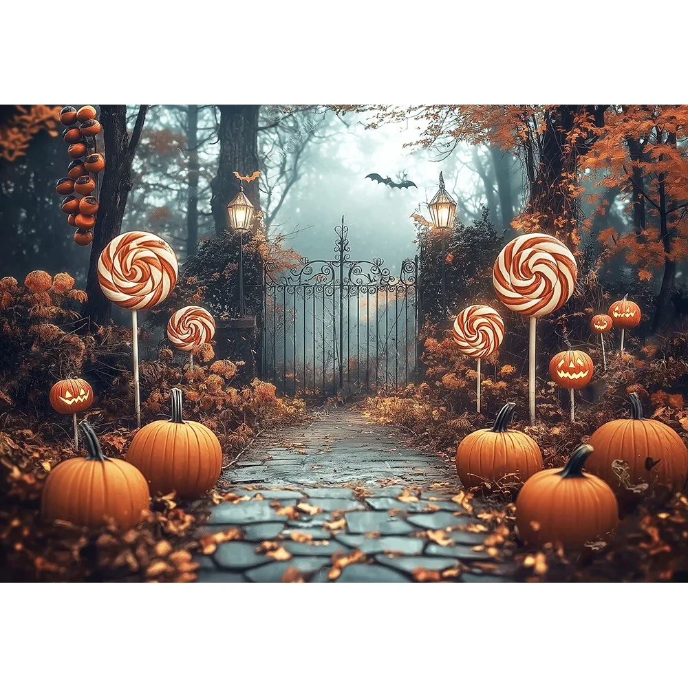 Candyland Pompoenen Gothic Gate Achtergronden Kinderen Volwassen Fotografie Kind Baby Photocall Halloween Herfst Magische Bos Achtergronden