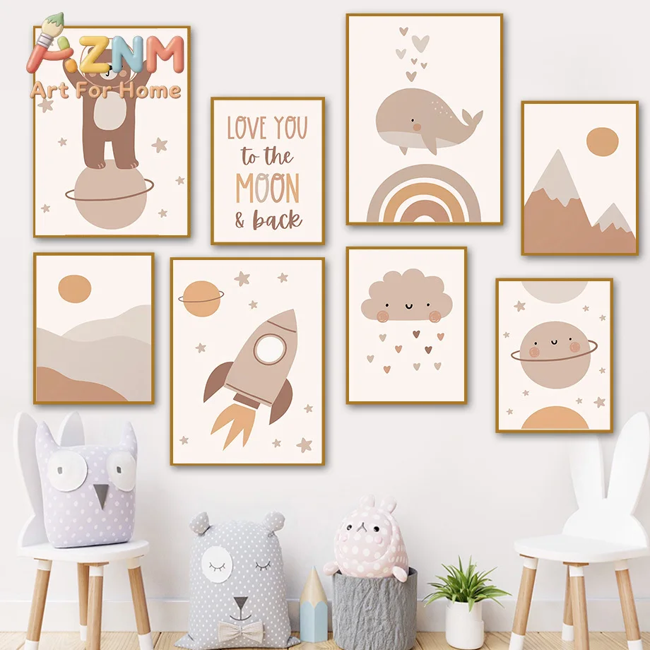 Boho Bear Whale Rocket Planet Sun Rainbow Nursery Wall Art Canvas Painting Nordic Posters And Prints Picture Baby Kid Room De