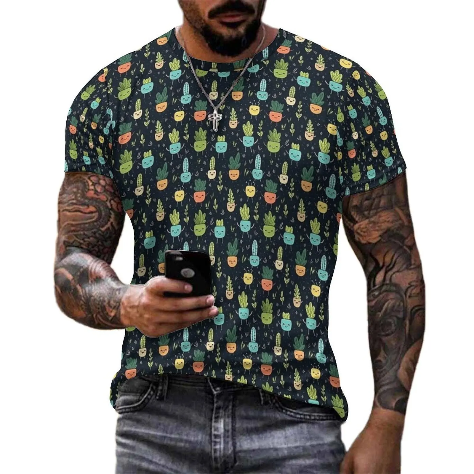 Men Dark Kawaii Potted Succulent Print T-Shirt Cool T Shirts Short Sleeves Printed Tops Hot Sale Street Style Plus Size Top Tees