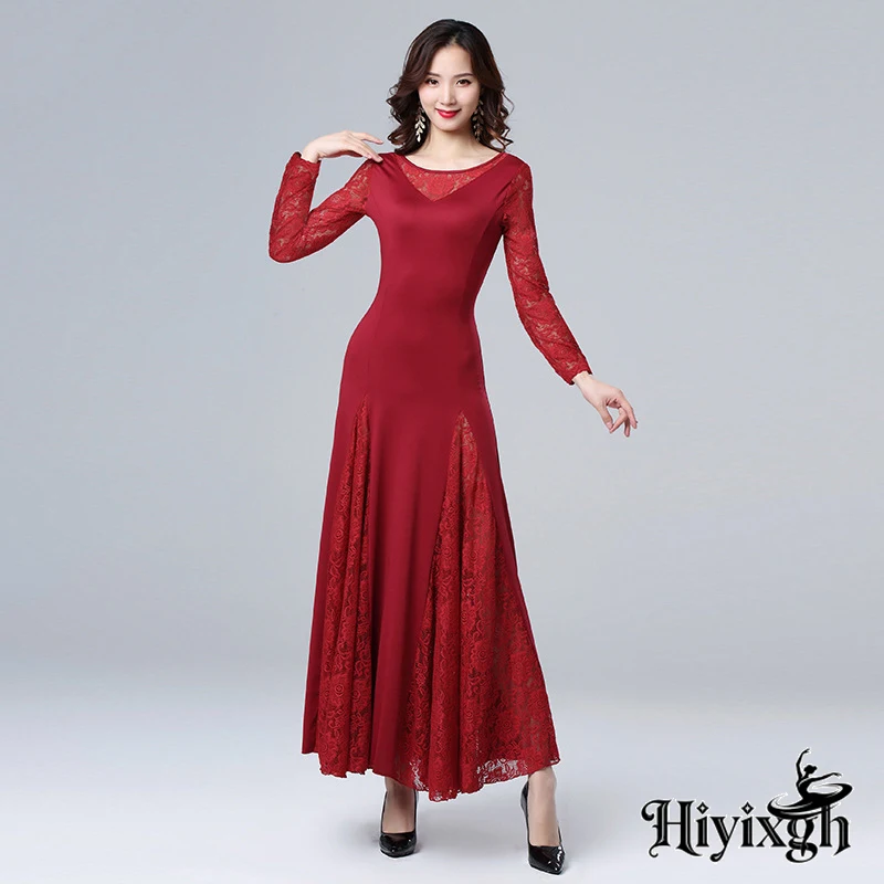 1pcs/lot lace ballroom dance dress woman long sleeves waltz tango dance dresses standard ballroom dress Modern Dancing Clothes