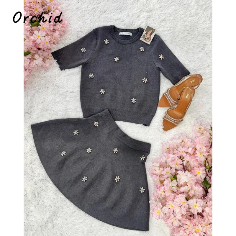 Knitted Rhinestone Mini Skirt Sets For Women 2 Pieces Short Sleeve Sweater A-line Skirts Pleated Elegant Set Women Outfit