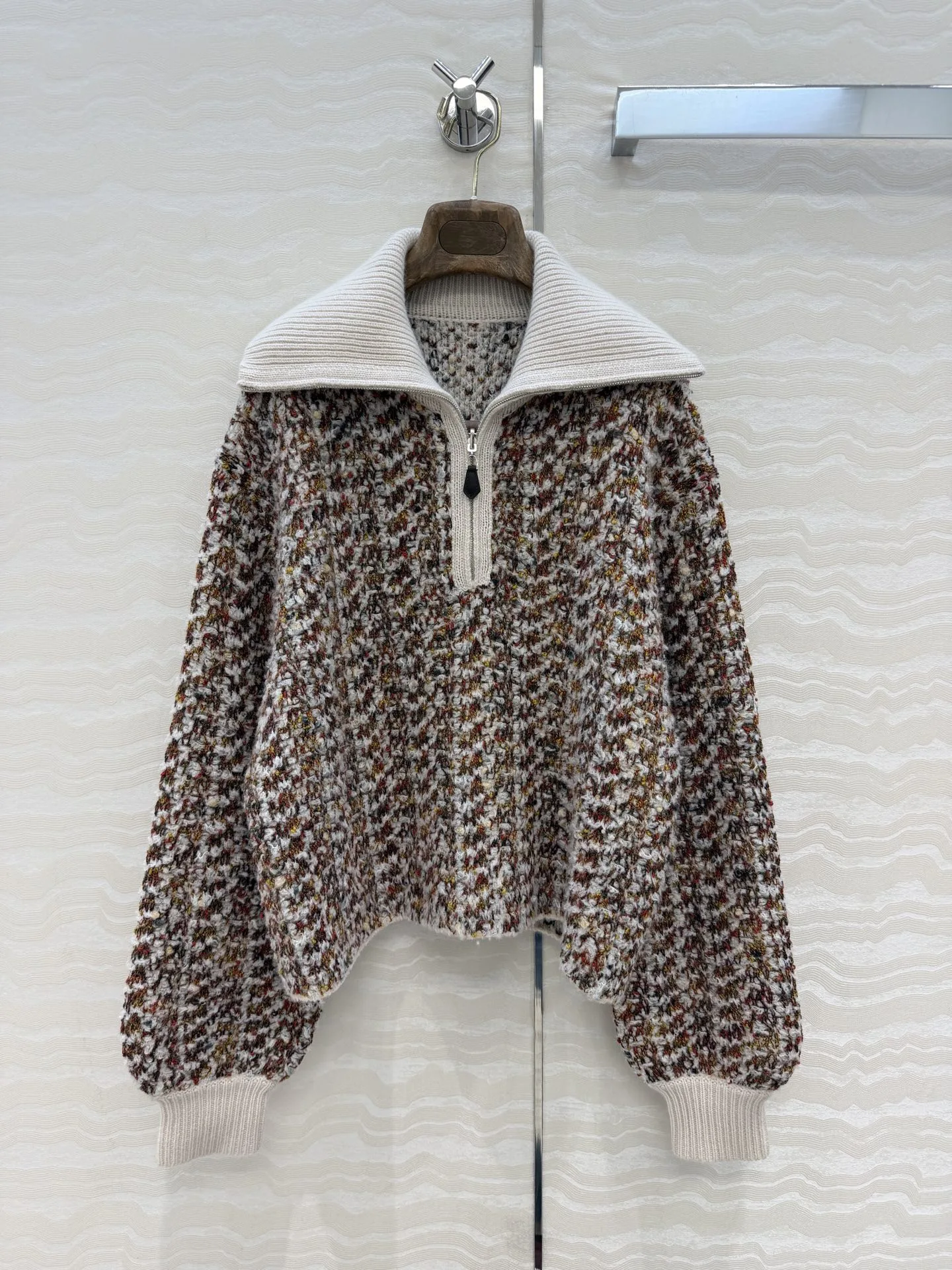 Autumn Winter Women Color Mix Fleck Knitted Sweater Half Zipper Big Lapel Lantern Sleeve Loose Short Pullover Warm Ladies Jumper