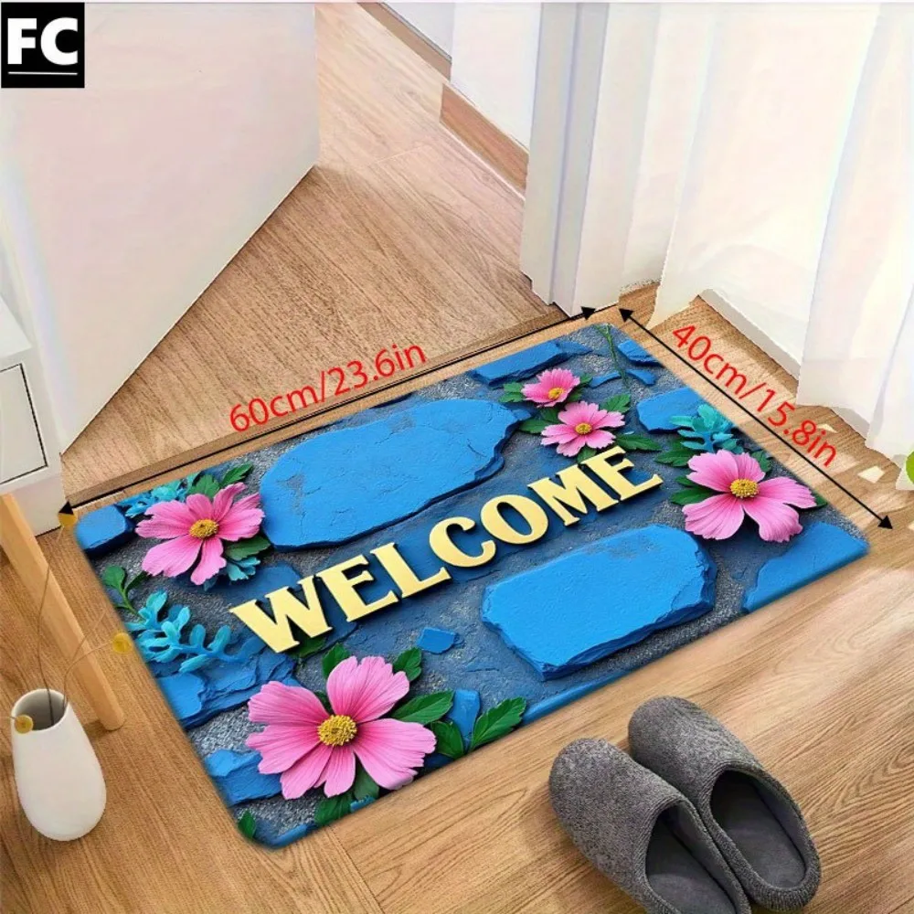 VIKAMA 3D Floral Print Home Decor Carpet, Non-Slip And Dirt-Resistant, Ideal For Entryways And Bathrooms As An Absorbent Doormat