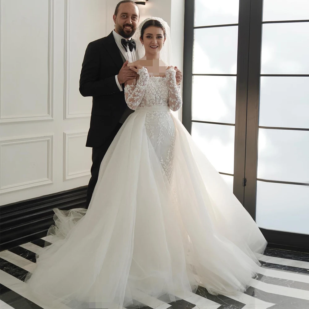 

Свадебное платье русалки 2 в 1, кружевное свадебное платье без бретелек с вышивкой, съемный шлейф, с длинными рукавами, платья de