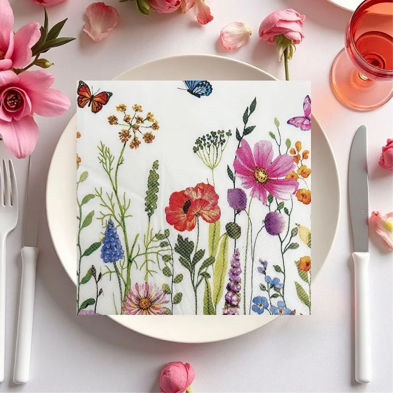 20pcs 33*33cm 2Layer Watercolor Flower Butterfly Printed Napkins Party Decoration Disposable Table Mat DIY Decoupage Paper