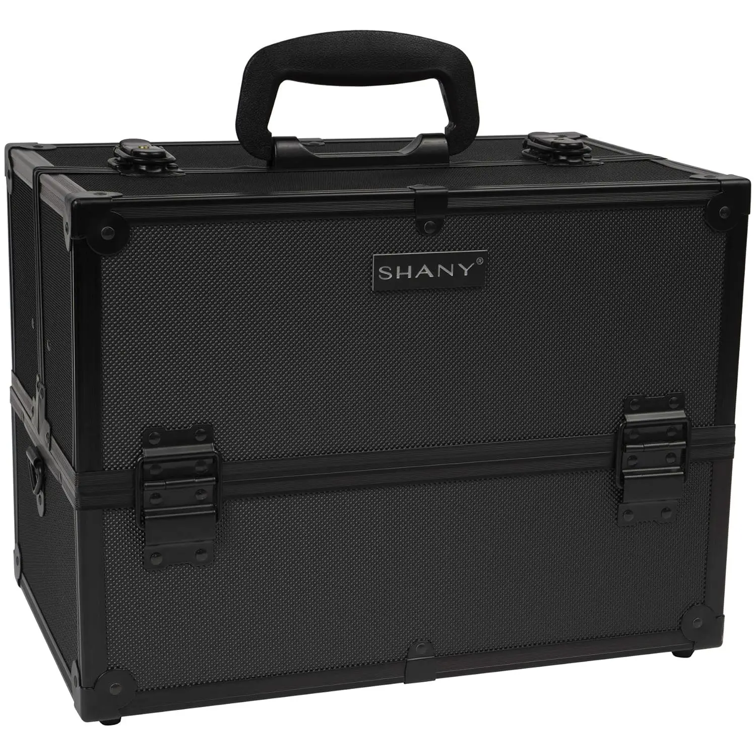 

Portable Professional Makeup Train Case with Locks, Multi Compartments, Shoulder Strap - All Black