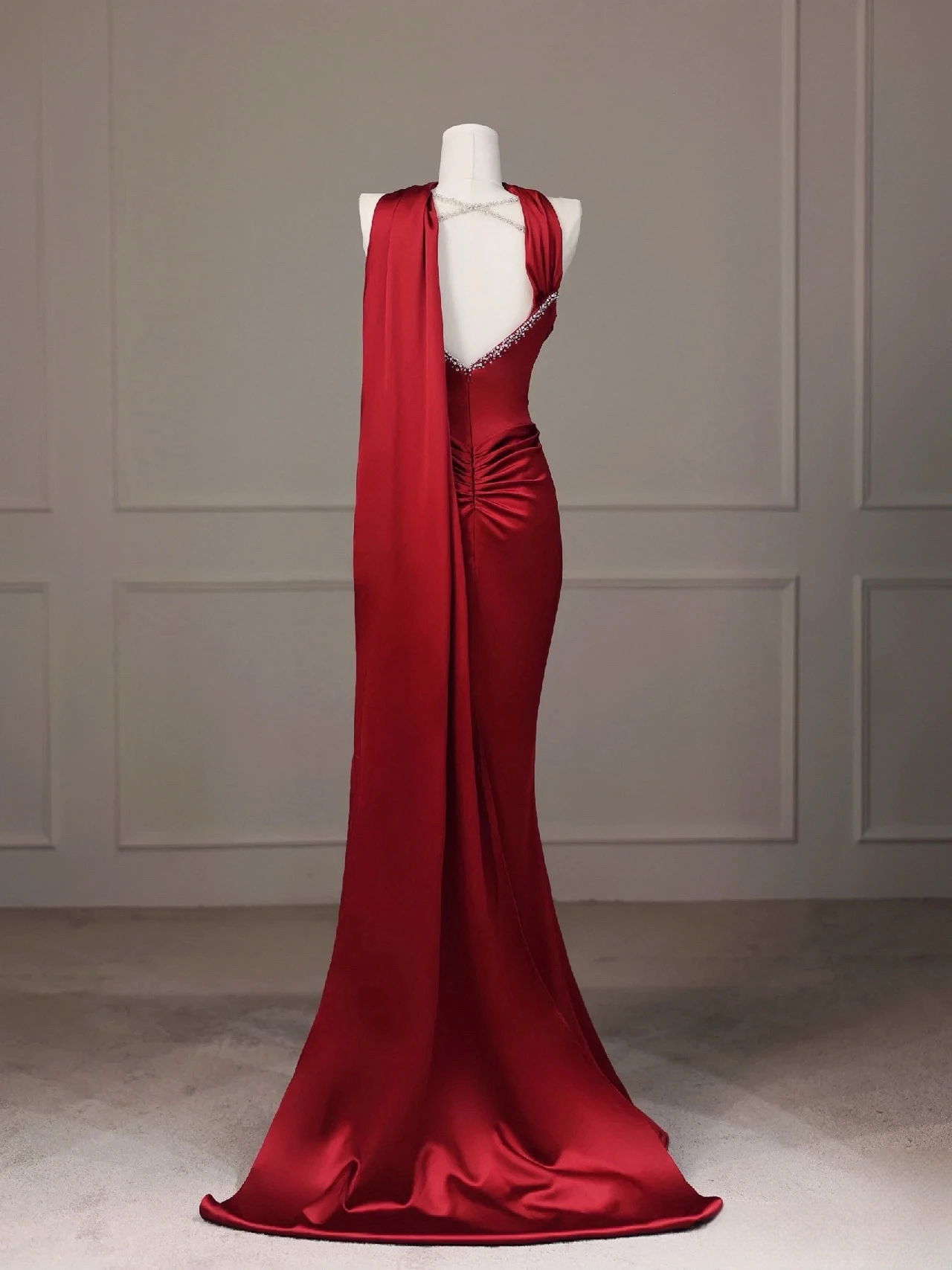 Robe de Soirée en Satin Rouge pour Femme, Fente Latérale, Sans Bretelles, Dos aux, Sirène, Ruban Plissé, Perlé, ixde Mariage, 2024