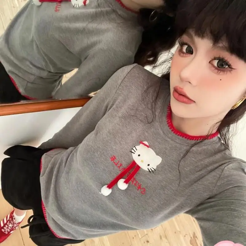 Sanrio Hello Kitty Kawaii Anime Mode Lässig Katzenmuster Langarm T-Shirt Damen Slim Fit Fun Short Top Hosen Sets Anzug