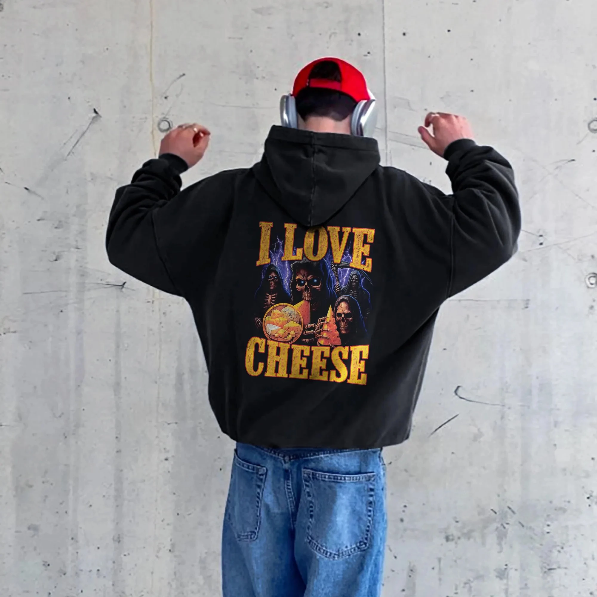 Skeleton Cheese Graphic Hoodie: Funny Gothic Meme Sweatshirt