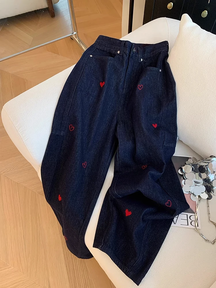 

Ретро джинсы с вышивкой в виде моркови, женские, с высокой талией, широкие, в пол, осенне-весенние, больших размеров, для полных женщин