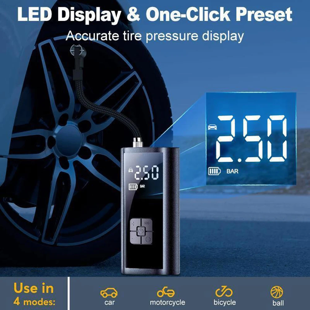 منفاخ إطارات محمول لإطارات السيارات، مضخة هواء سيارة لاسلكية كهربائية متعددة الأغراض للدراجات النارية #2