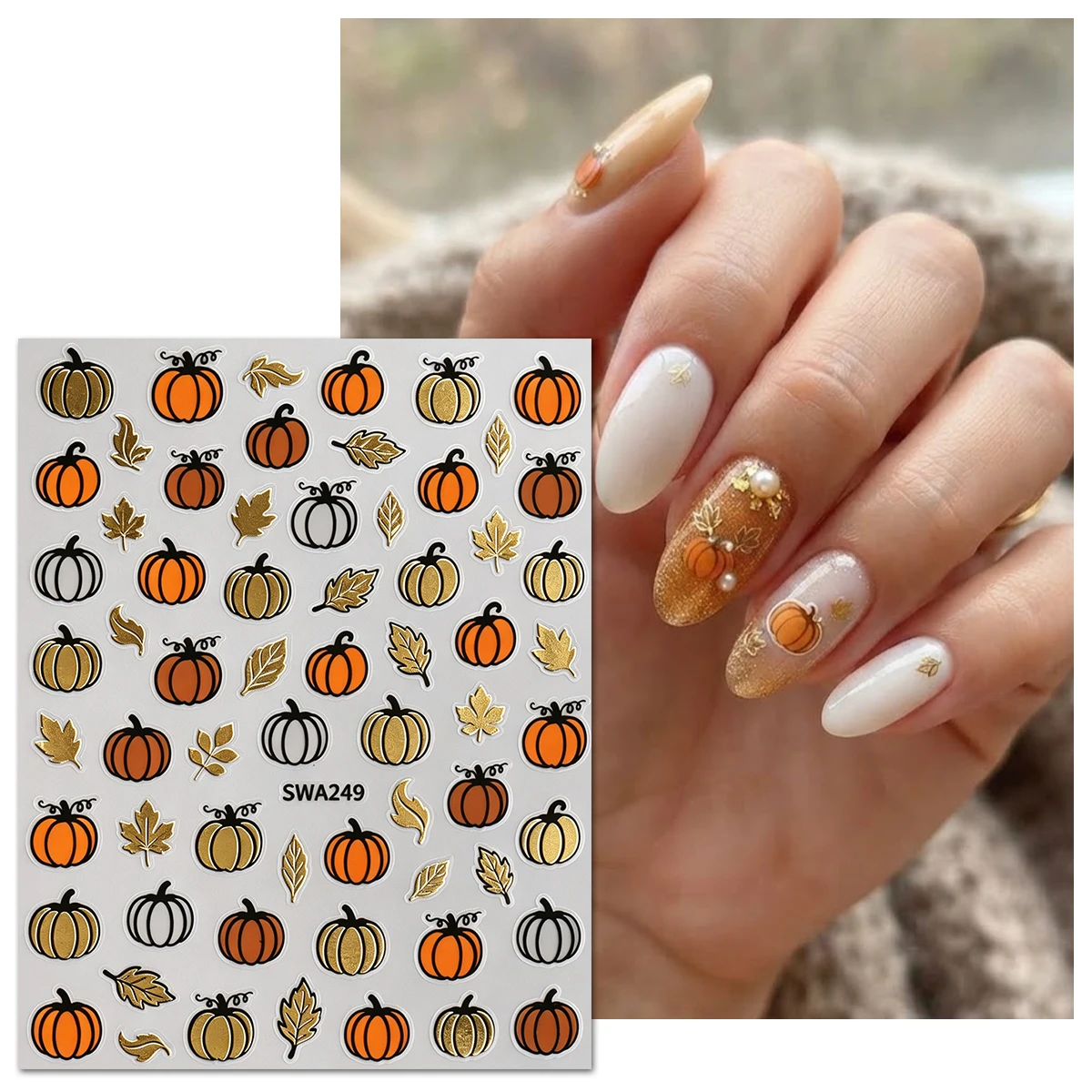 1/2PCS 3D Autumn Gold Pumpkin Maple Leaf Nail Stickers , Thanksgiving Halloween Gift, Nail Artist Supplies DIY