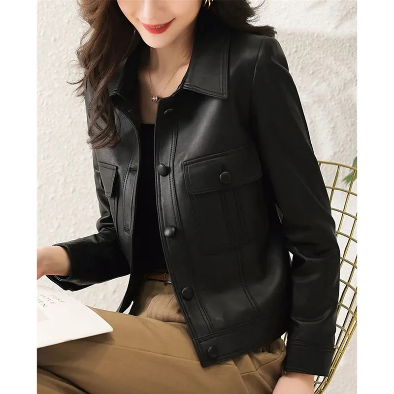 한국 여성용 대형 4XL PU 가죽 재킷 2025 여성 고급 인조 가죽 코트 봄 가을 여성 긴팔 가죽 탑