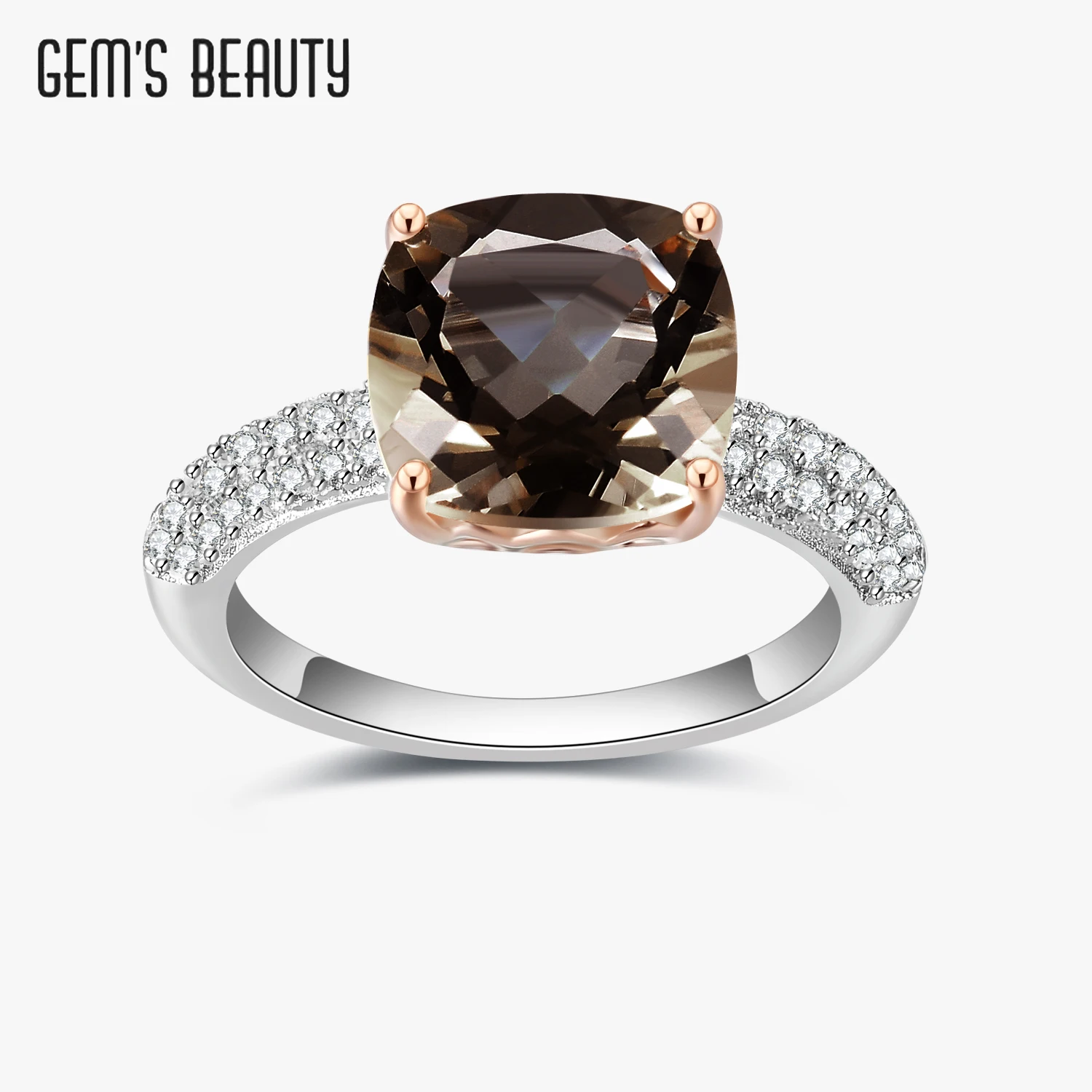 GEM'S BEAUTY 925 Sterling Silver Gemstone Candy Rings Cushion Cut Natural Smoky Quartz Cocktail Ring For Women Fine Jewelry