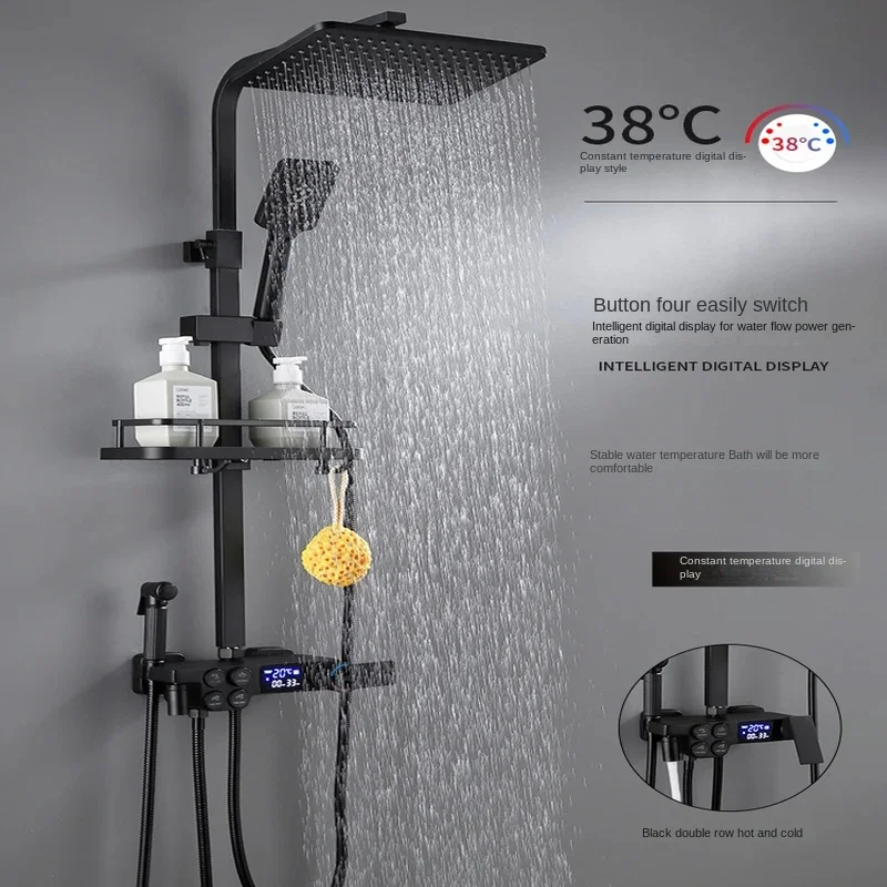 Brass Bathroom Shower Faucet Set Thermostatic Digital Display System with Rain Shower Mixer Nozzle Precise Temperature