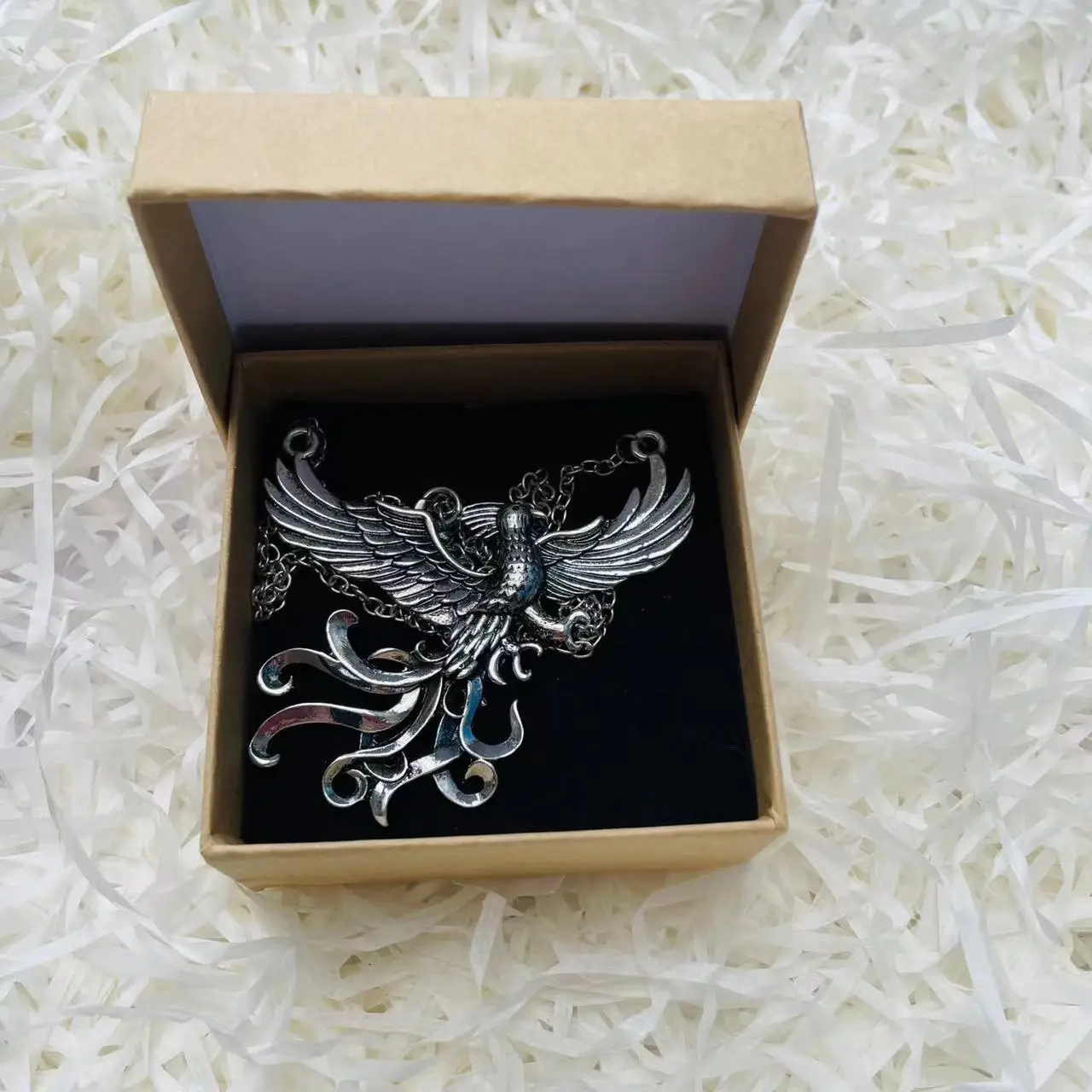 Phoenix Chinese Legend Undead Bird Pendant Necklace Paper Box 2pcs Set Halloween Easter Christmas Medieval Necklace Fawkes