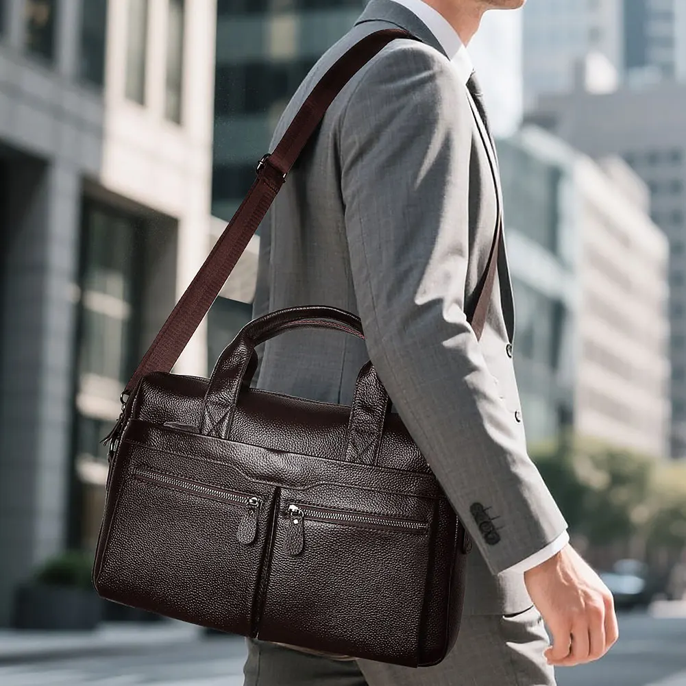 HUMERPAUL Men's Genuine Leather Briefcase Business Laptop Bag with Multiple Pockets Durable Handbag Shoulder Bags for Travel ﻿