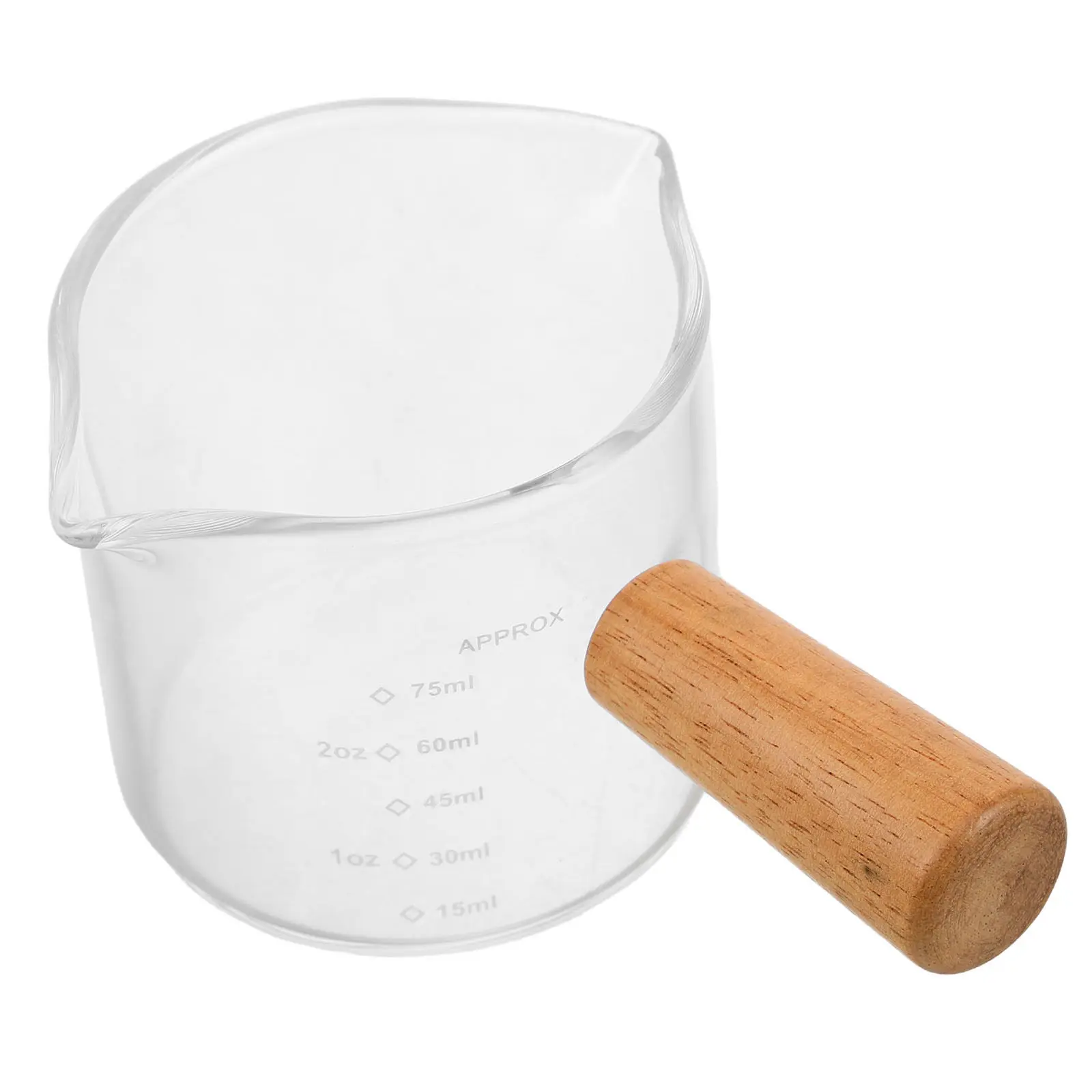 100Ml Double Spout Espresso Cup Glass Transparent Measuring Pitcher with Heat Insulating Wood Handle for Home Coffee Bar