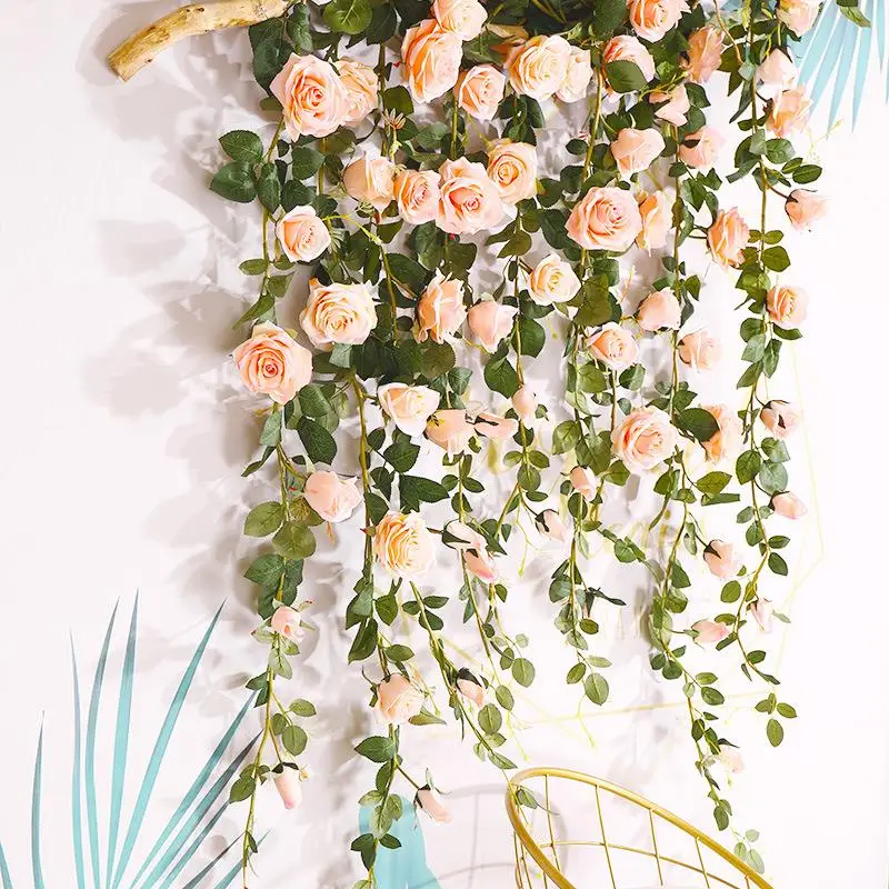 pink-artificial-rose-vine-decorative-fake-flower-wall-hanging-air-conditioner-decoration-faux-green-plant-garden-decoration
