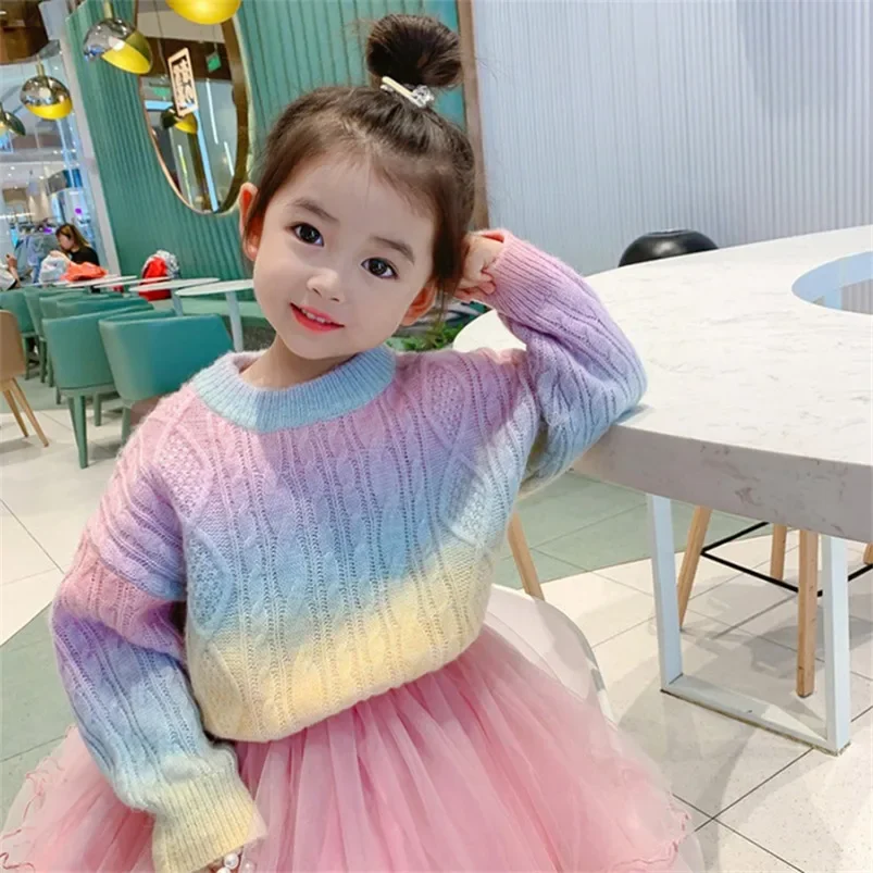 New Rainbow Knitted Cardiganr Infant Toddler Child Sweet Kawaii Sweater Coat Fashion Girls Gradient Jacket Clothes