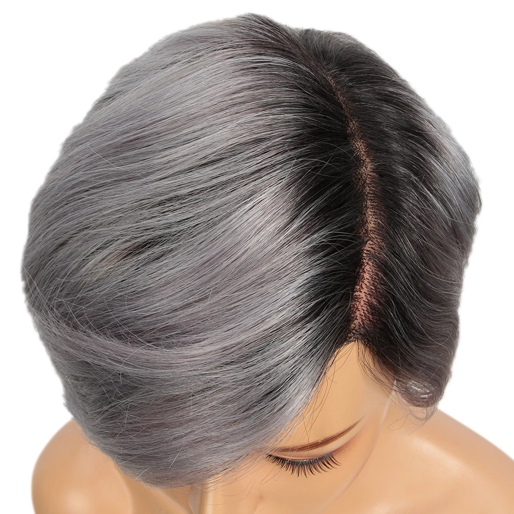 Sleek Short Pixie Cut Lace Human Hair Wigs For Women Grey Colored Brazilian Hair Wigs 613 Blonde Lace Wigs With Black Roots