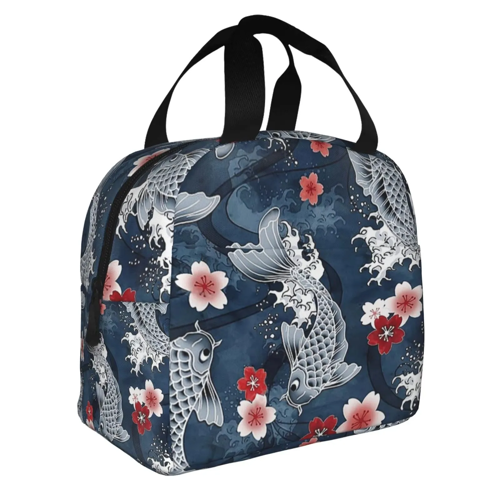 Koi Cherry Sakura Blossom Print Insulated Lunch Bag Waterproof Portable Cooler for School Kids