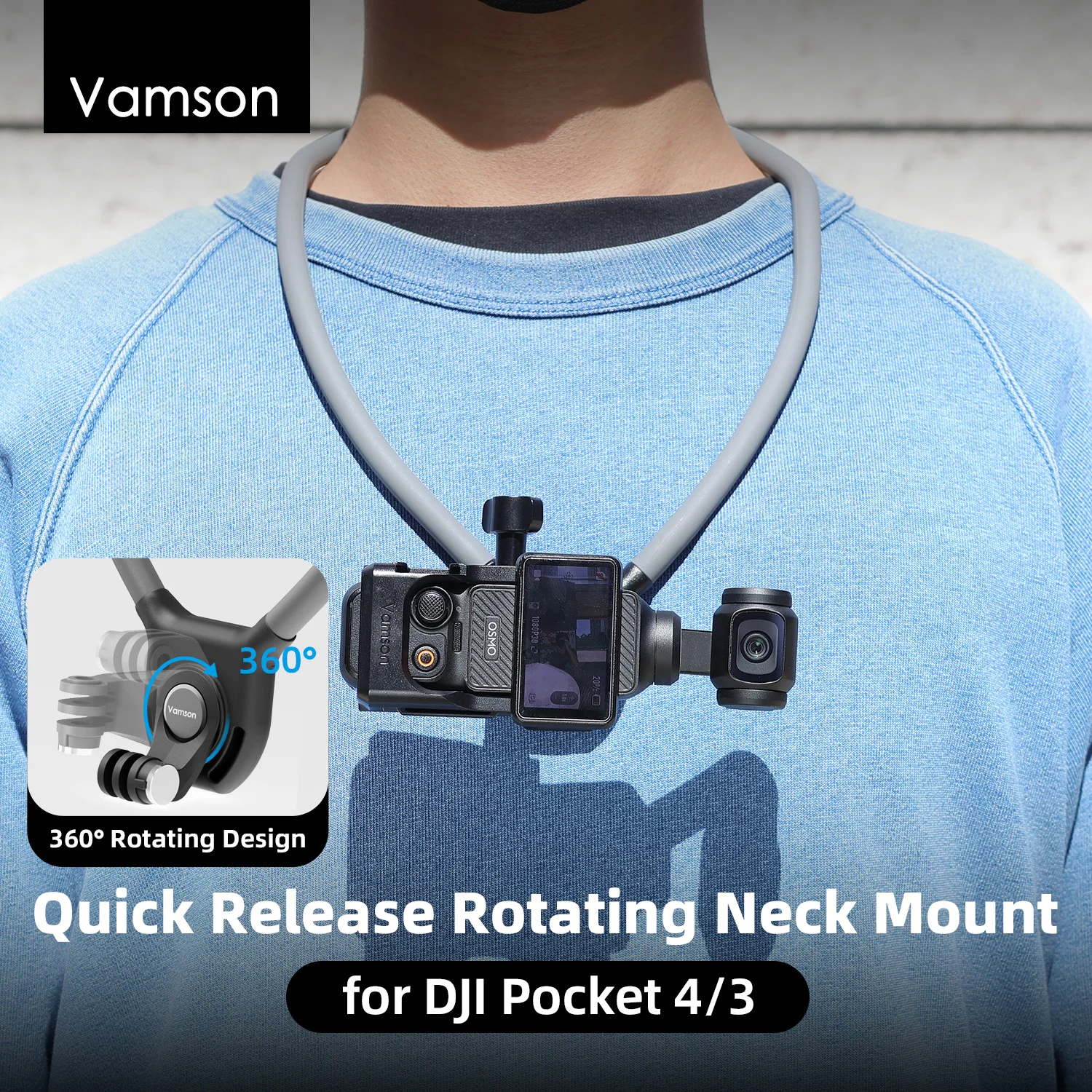 Vamson for DJI OSMO Pocket 4/3 360° Rotating Neck Mount FPV First Person View Extended Arm Real-Time View Silicone Sports Camera