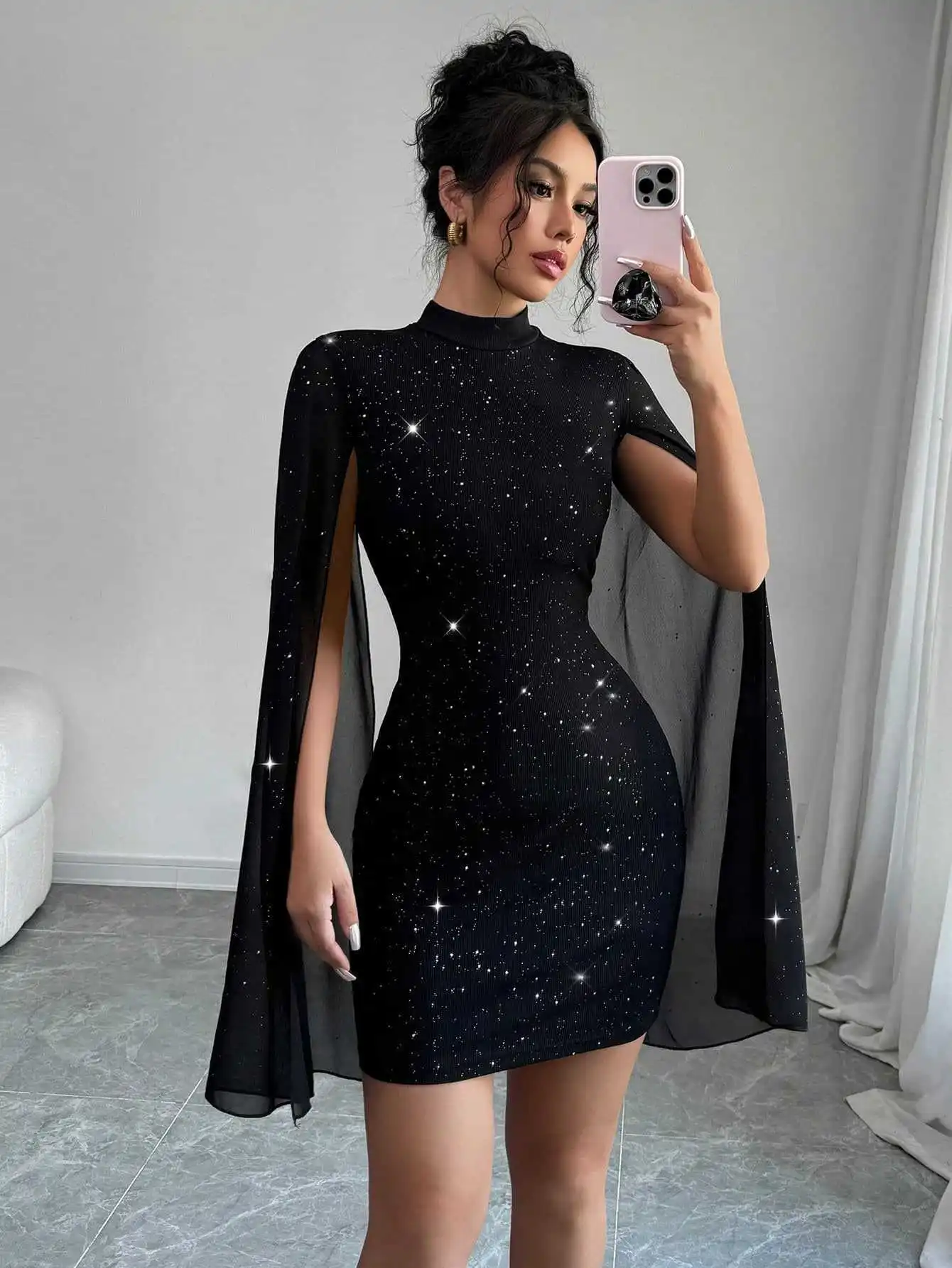 Damen-Partykleid mit glitzerndem Print, Rollkragen, Laternenärmeln und figurbetontem Schnitt – sexy Clubwear