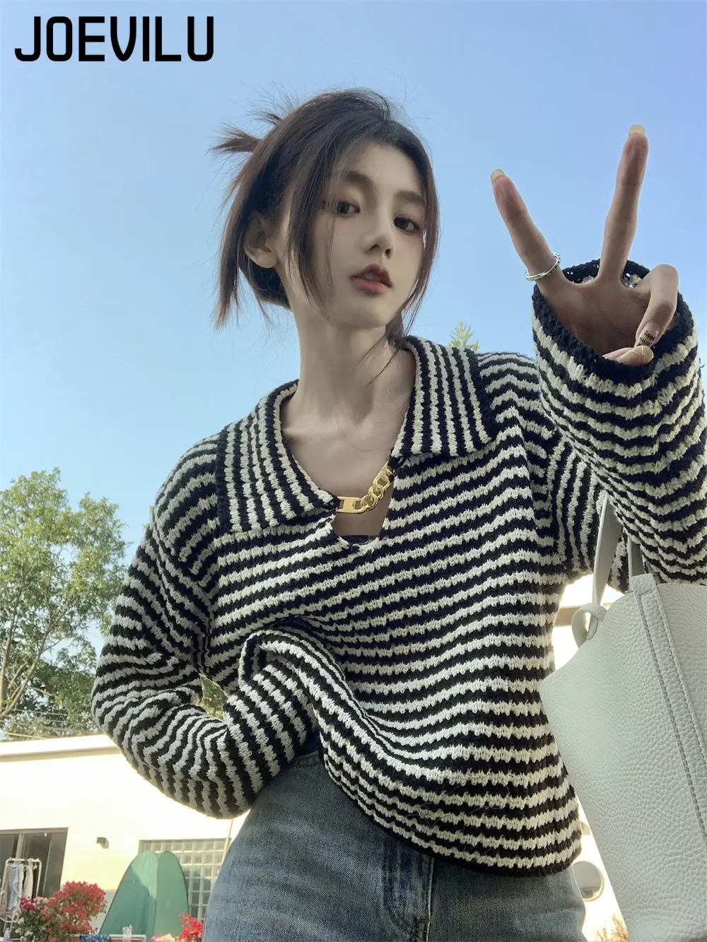 

Chain Doll Collar Sweaters Striped Knitted Jumper French Hepburn Style Lazy Pullover Women's Spring and Autumn Loose Crop Tops