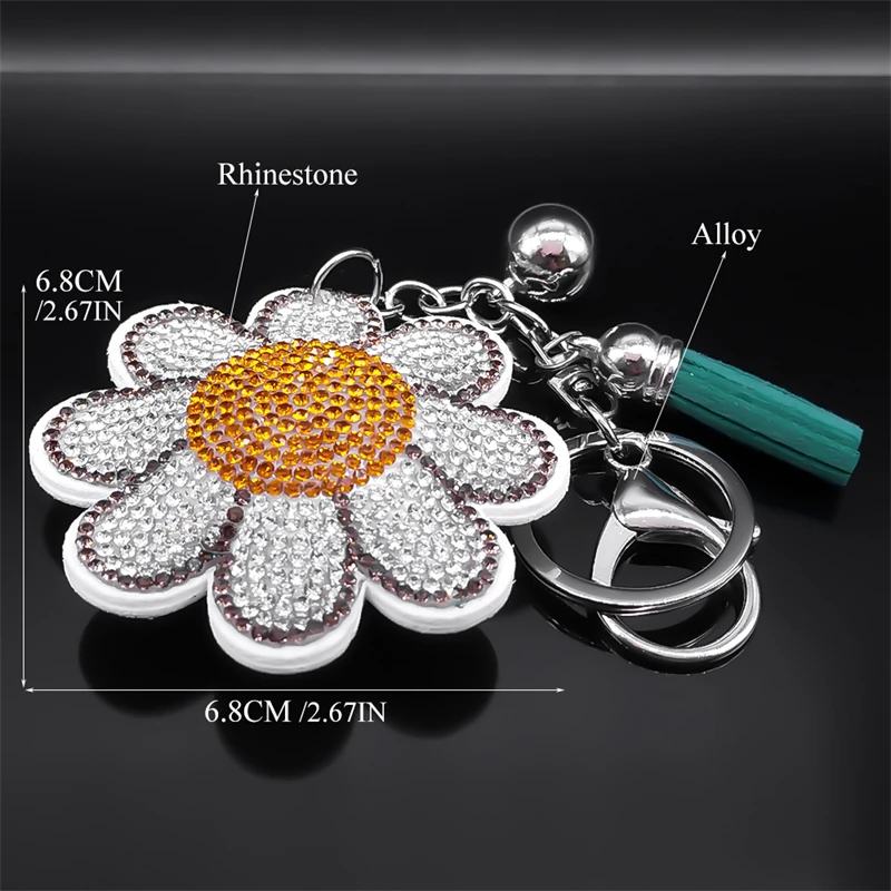 Cute White Flower Keychain for Women Girl Silver Color Alloy Rhinestone Bag Charm Keyring Holder Jewelry llaveros KZZZ184S01