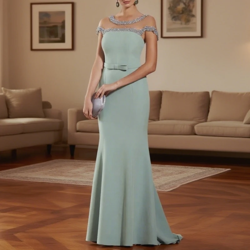 

Light Green Wedding Guest Dresses for Women Beading Scoop Mermaid Mother of the Bride Long Cap Sleeves Evening Customized